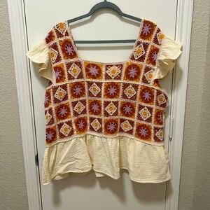 Cato crochet orange pink brown plus size 26/28 4x boho peplum blouse